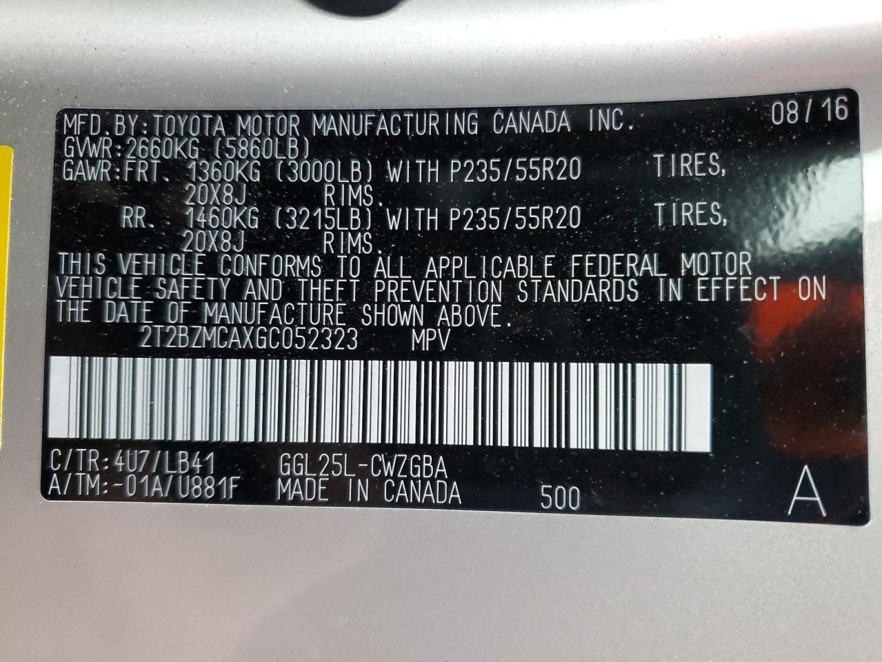 2016 Lexus RX VIN 2T2BZMCAXGC052323 Copart auction photo, front end damage thumbnail 14