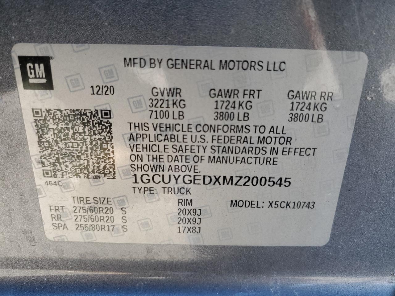 2021 Chevrolet Silverado VIN 1GCUYGEDXMZ200545 Copart auction photo, front end / minor dent/scratches damage thumbnail 12