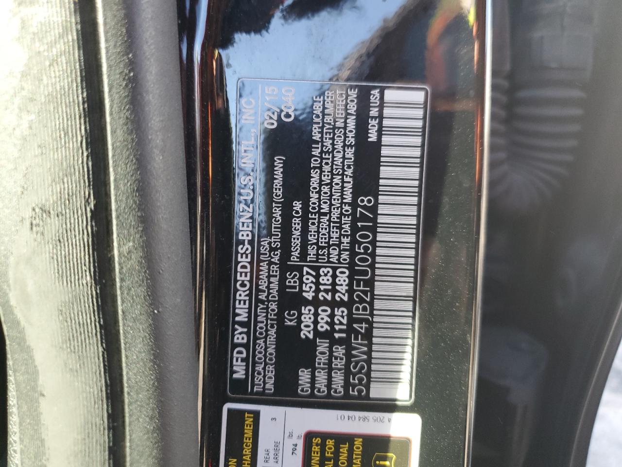 2015 Mercedes-Benz C-klasse VIN 55SWF4JB2FU050178 Copart auction photo, front end damage thumbnail 12