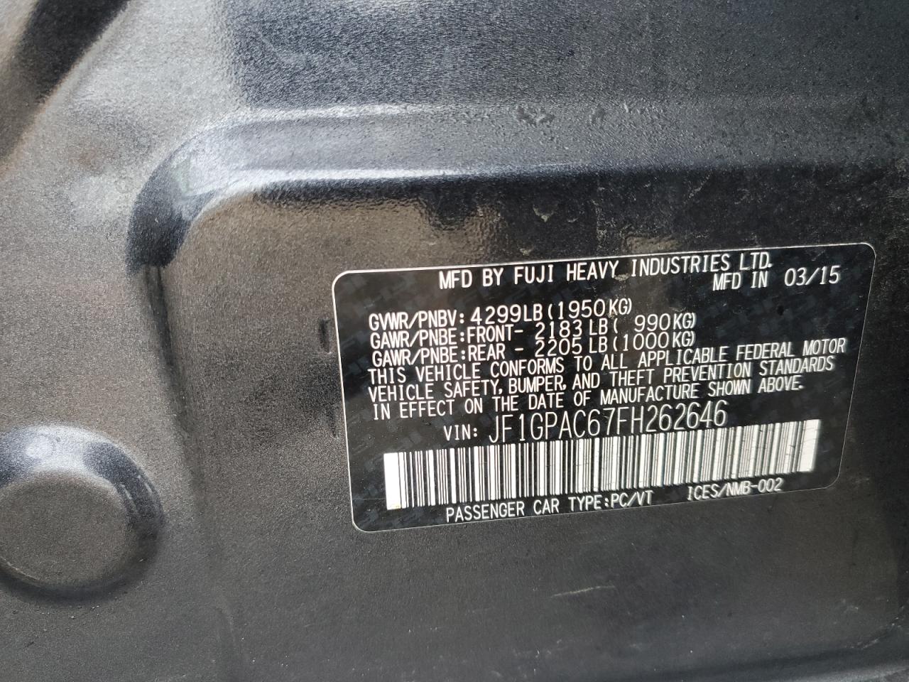 2015 Subaru Impreza VIN JF1GPAC67FH262646 Copart auction photo, front end damage thumbnail 14