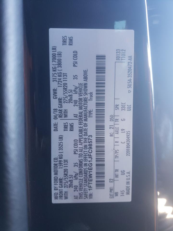 2018 Ford F-150 VIN 1FTEW1EG1JFC98573 Copart auction photo, all over damage thumbnail 14