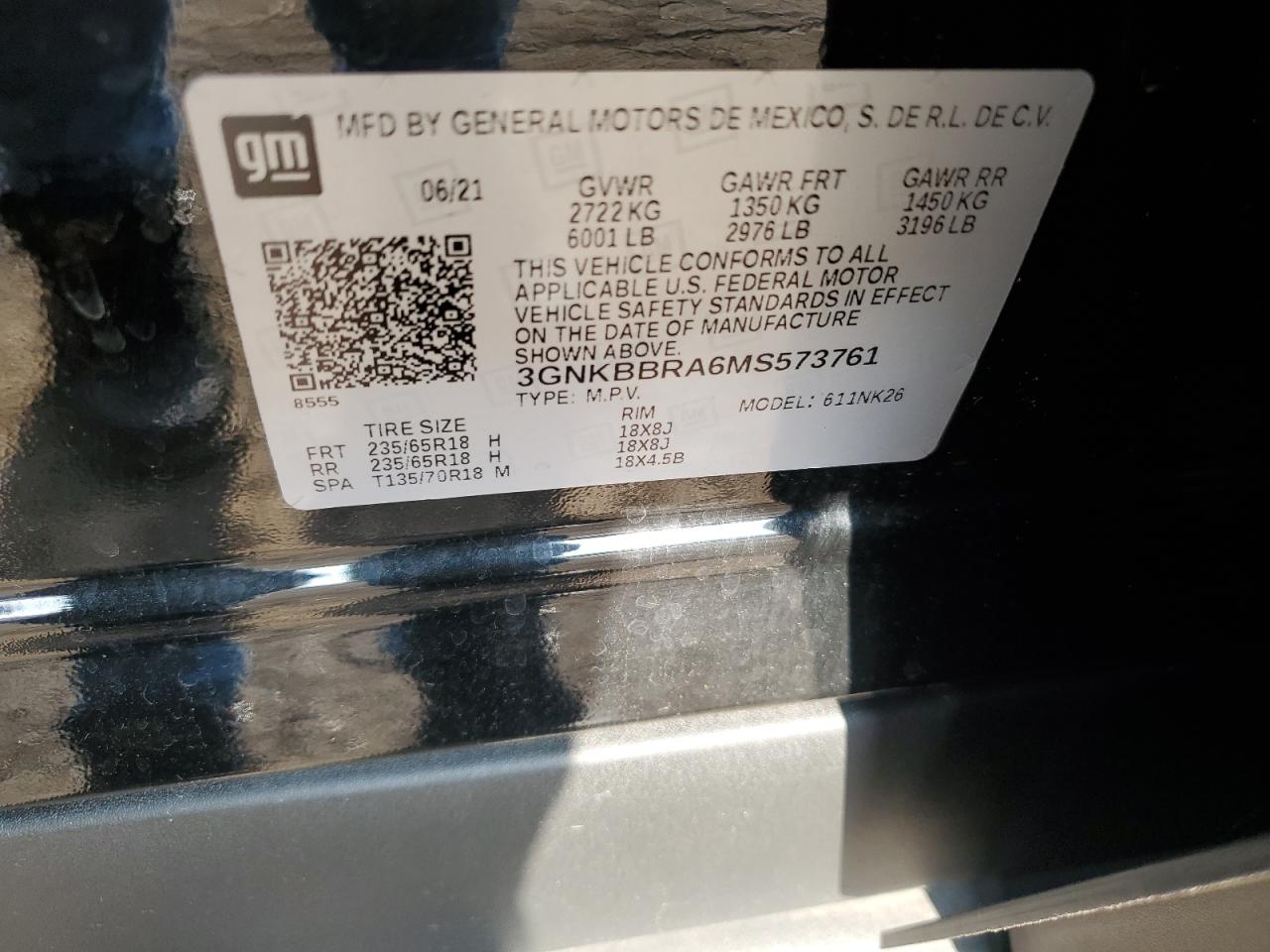 2021 Chevrolet Blazer VIN 3GNKBBRA6MS573761 Copart auction photo, front end / stripped damage thumbnail 14