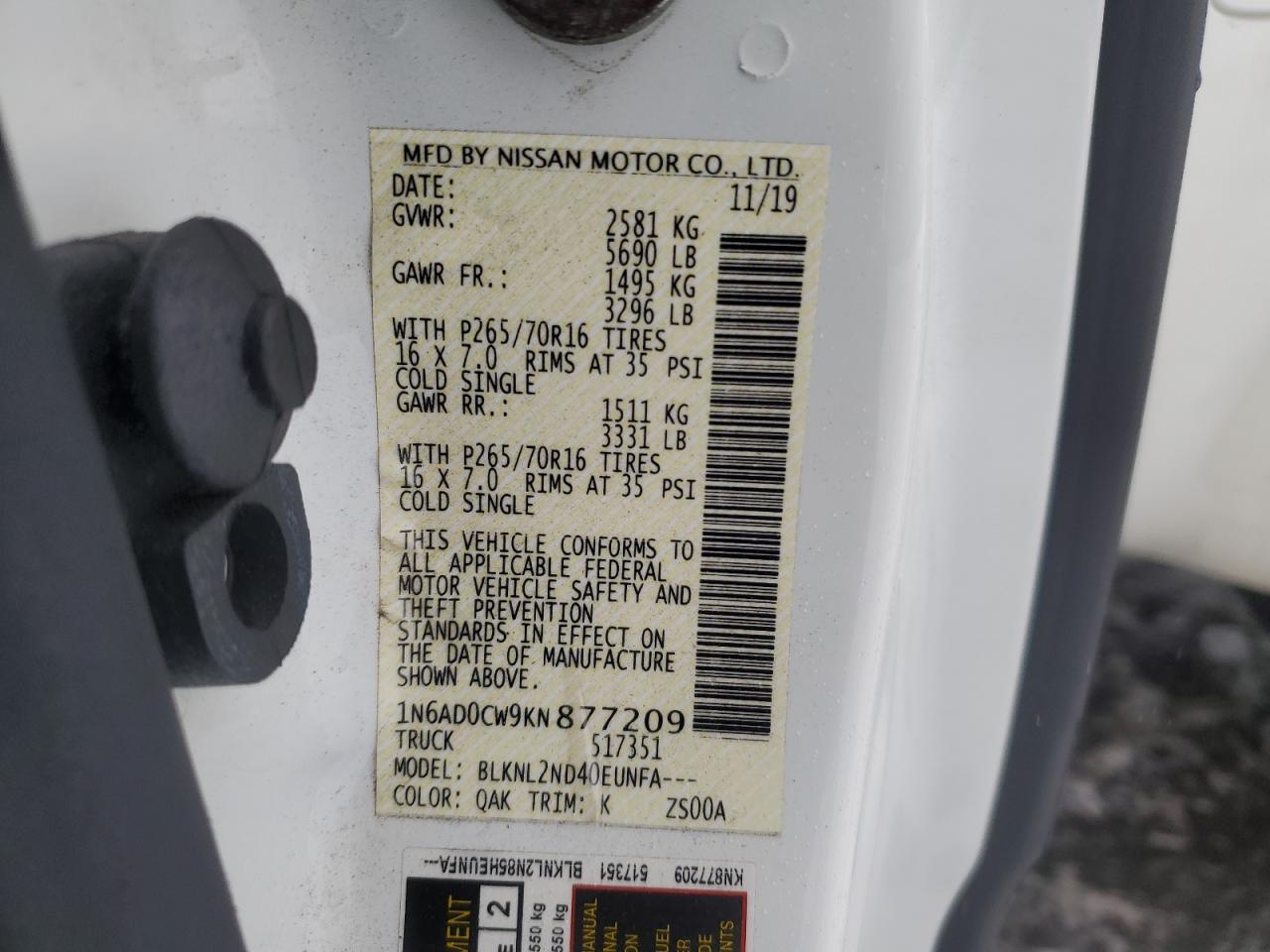 2019 Nissan Navara (Frontier) VIN 1N6AD0CW9KN877209 Copart auction photo, rear end / minor dent/scratches damage thumbnail 14