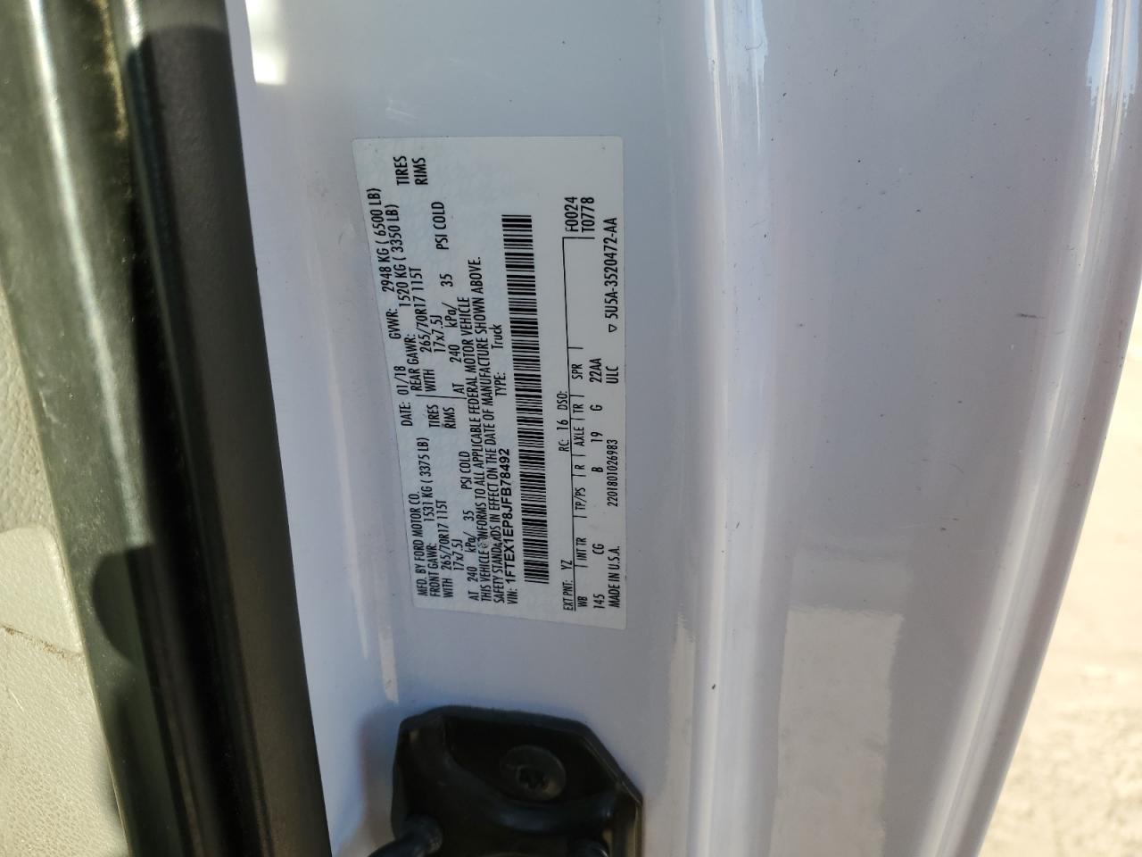 2018 Ford F-150 VIN 1FTEX1EP8JFB78492 Copart auction photo, rear end / side damage thumbnail 12