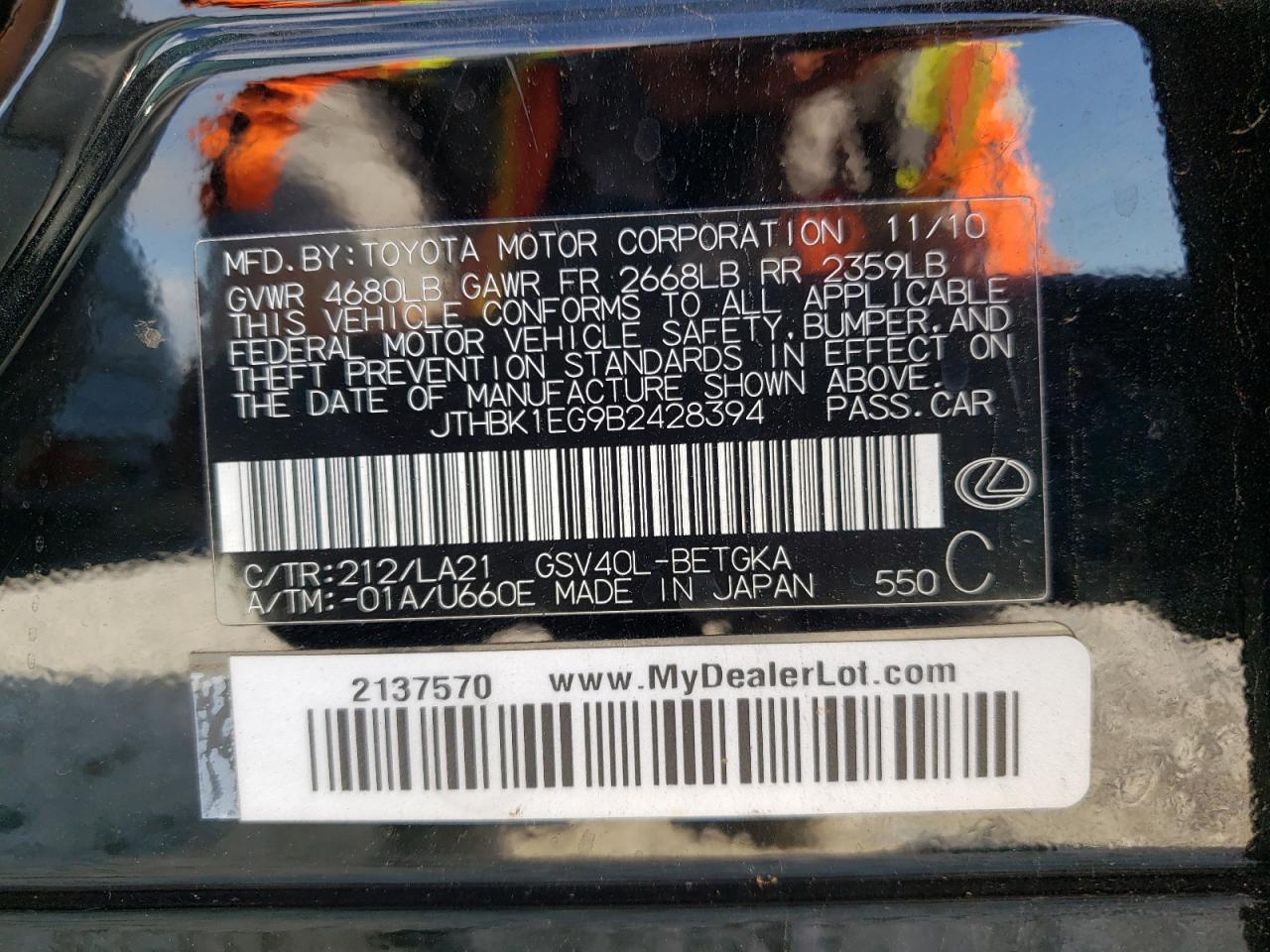 2011 Lexus ES VIN JTHBK1EG9B2428394 Copart auction photo, front end / undercarriage damage thumbnail 10