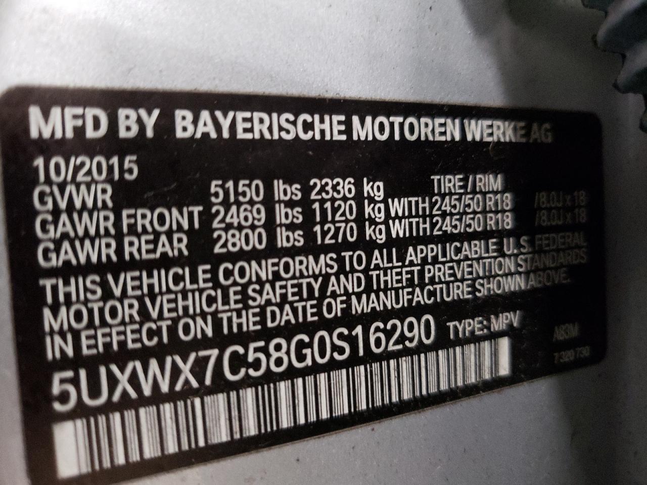 2016 BMW X3 VIN 5UXWX7C58G0S16290 Copart auction photo, front end damage thumbnail 14