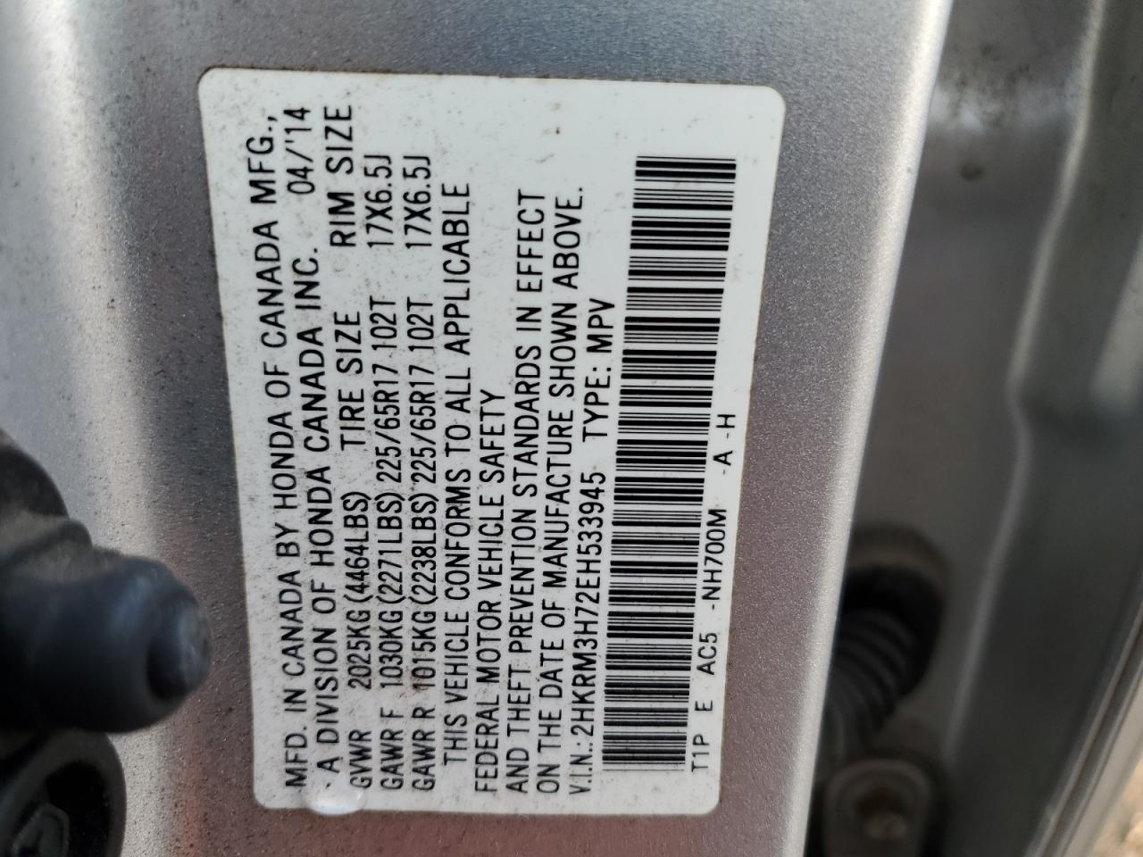 2014 Honda CR-V VIN 2HKRM3H72EH533945 Copart auction photo, front end damage thumbnail 15