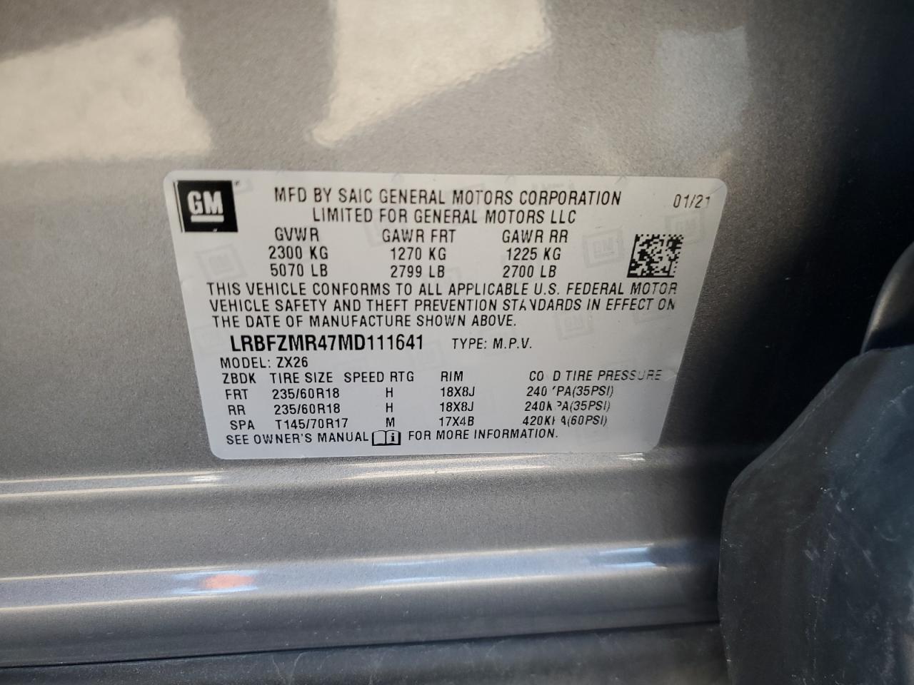 2021 Buick Envision VIN LRBFZMR47MD111641 Copart auction photo, rear end damage thumbnail 13