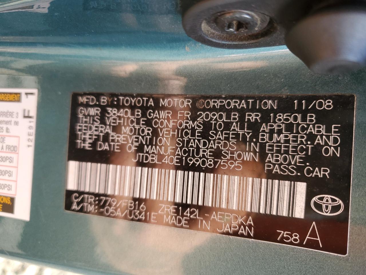 2009 Toyota Corolla VIN JTDBL40E199087595 Copart auction photo, all over damage thumbnail 12