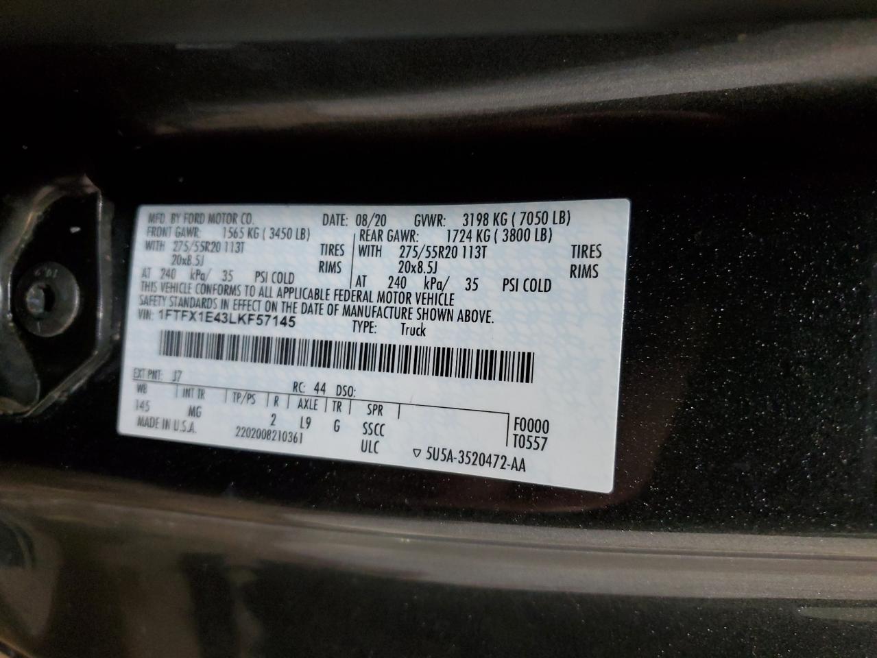 2020 Ford F-150 VIN 1FTFX1E43LKF57145 Copart auction photo, side damage thumbnail 12