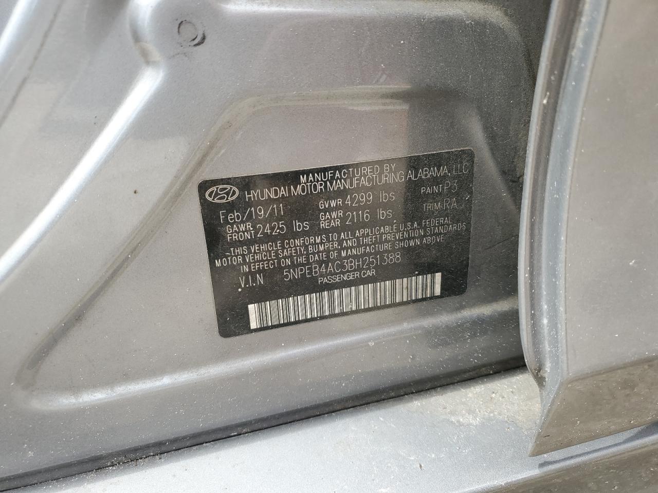 2011 Hyundai Sonata VIN 5NPEB4AC3BH251388 Copart auction photo, front end damage thumbnail 13