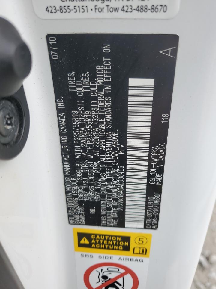 2010 Lexus RX VIN 2T2ZK1BA0AC038408 Copart auction photo, rear end damage thumbnail 15