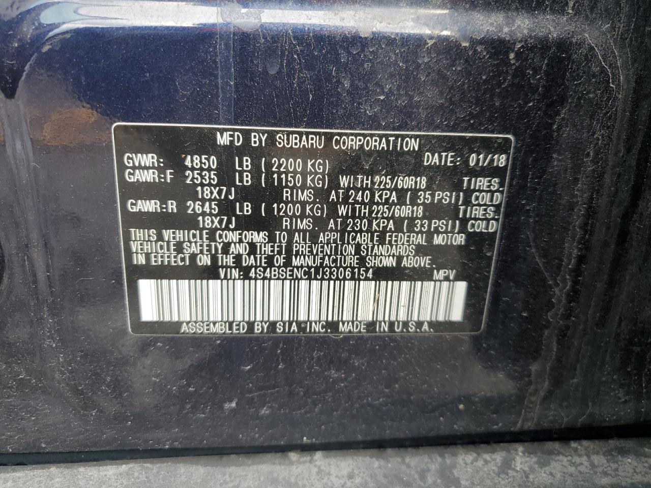 2018 Subaru Outback VIN 4S4BSENC1J3306154 Copart auction photo, rear end / front end damage thumbnail 13