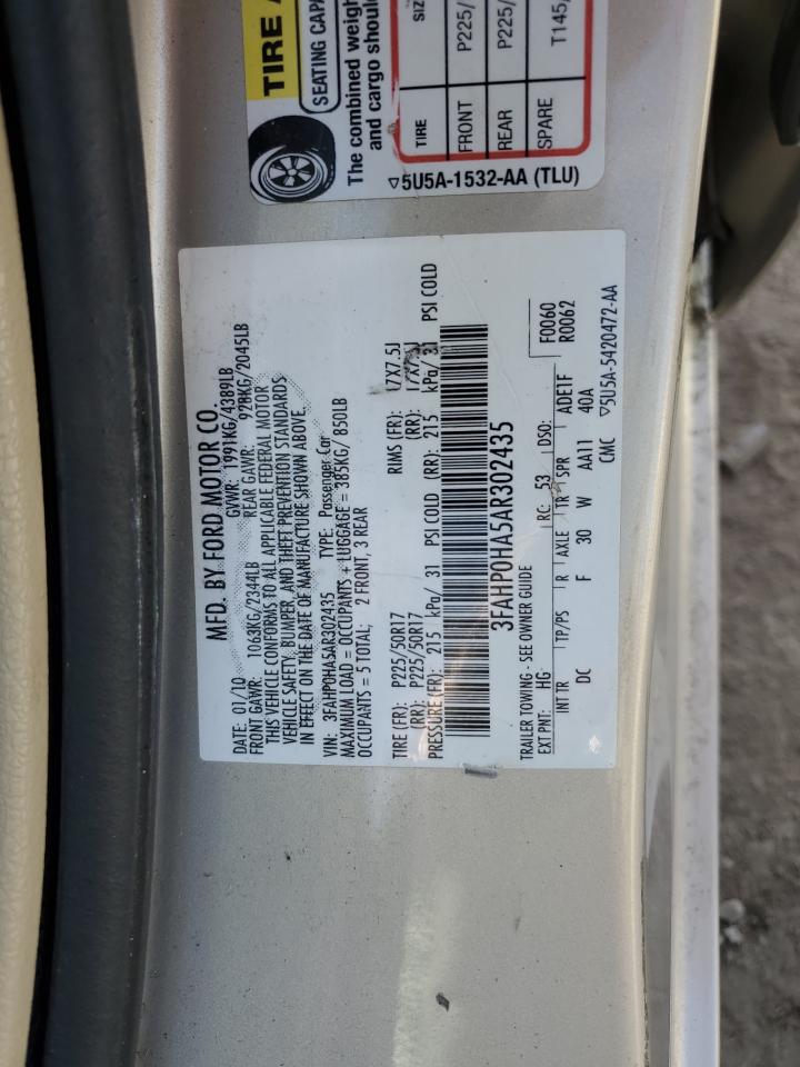 2010 Ford Fusion VIN 3FAHP0HA5AR302435 Copart auction photo, front end damage thumbnail 12