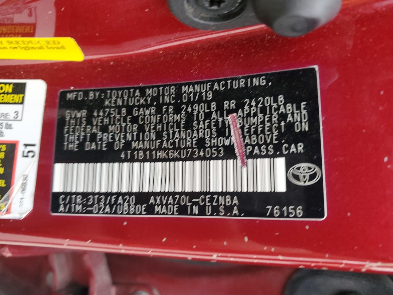 2019 Toyota Camry VIN 4T1B11HK6KU734053 Copart auction photo, front end damage thumbnail 12