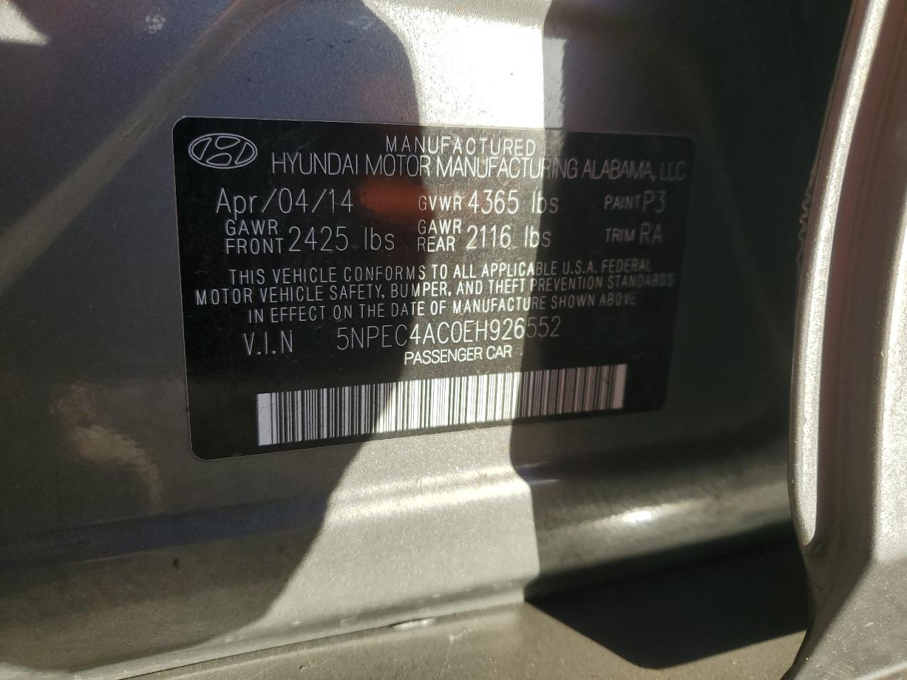 2014 Hyundai Sonata VIN 5NPEC4AC0EH926552 Copart auction photo, front end damage thumbnail 12