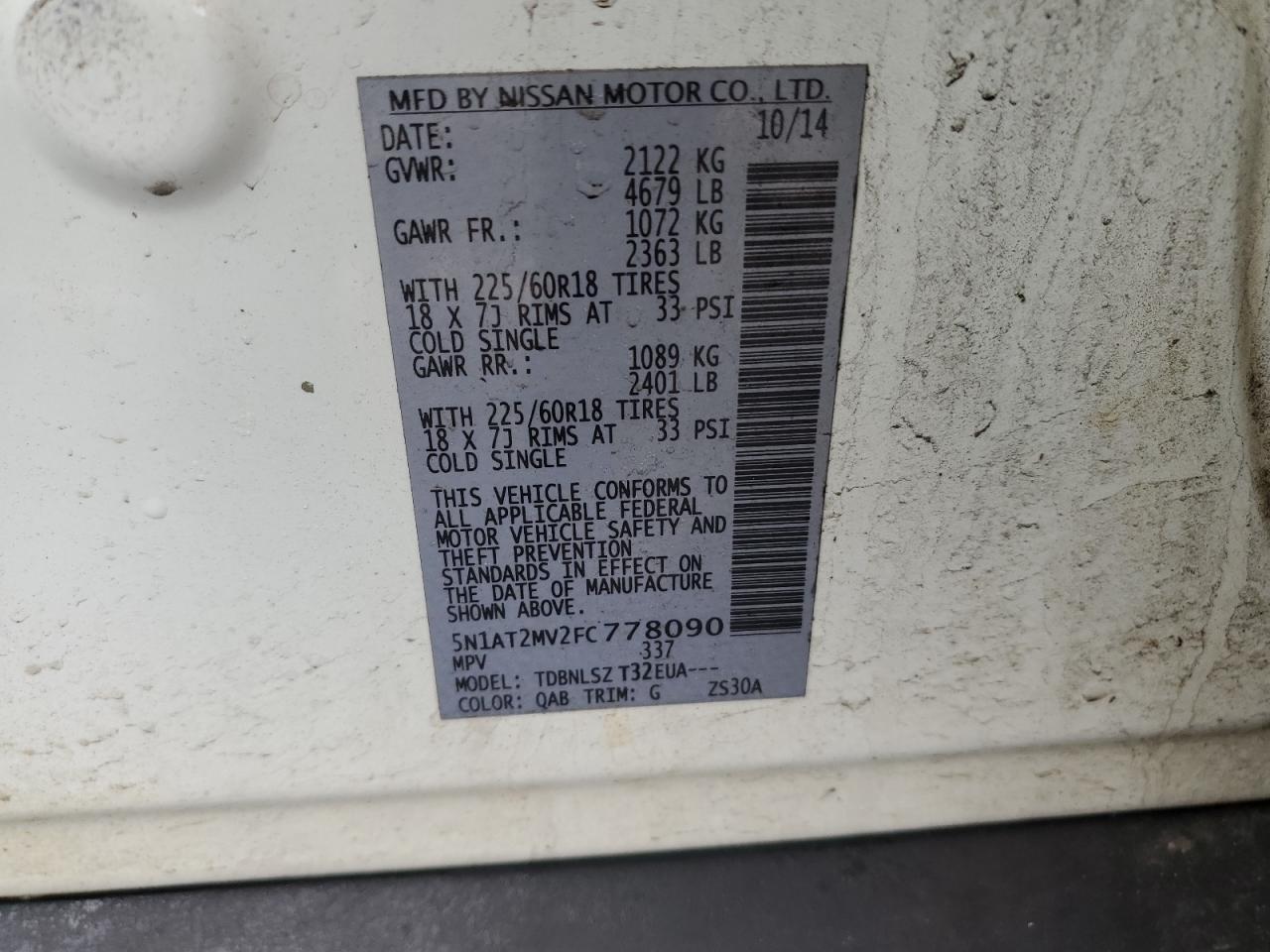 2015 Nissan Rogue VIN 5N1AT2MV2FC778090 Copart auction photo, front end / undercarriage damage thumbnail 13