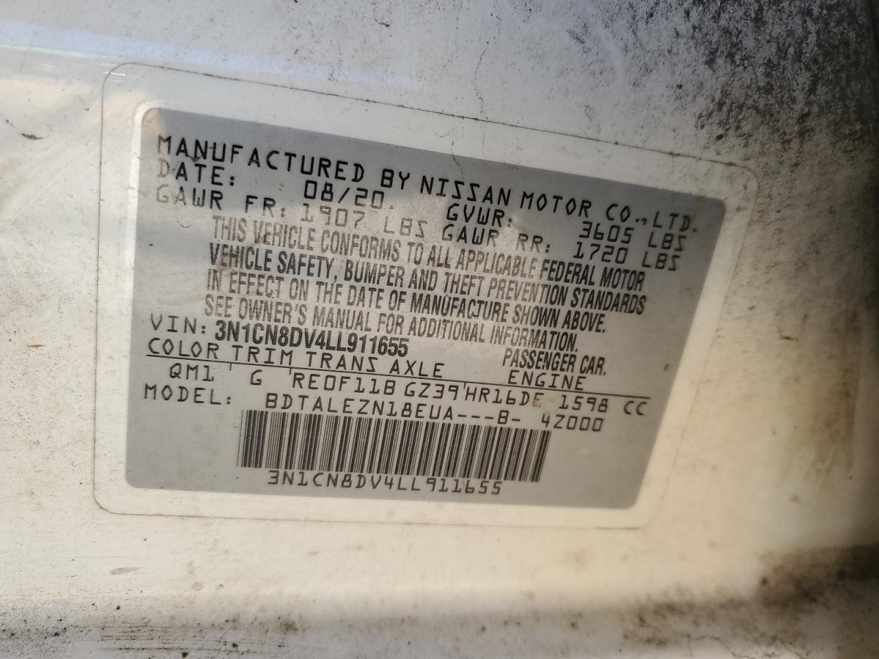 2020 Nissan Versa VIN 3N1CN8DV4LL911655 Copart auction photo, rear end damage thumbnail 12
