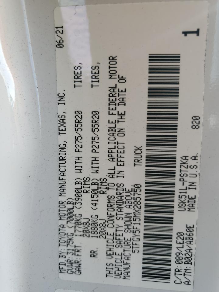 2021 Toyota Tundra VIN 5TFGY5F15MX285750 Copart auction photo, side damage thumbnail 14