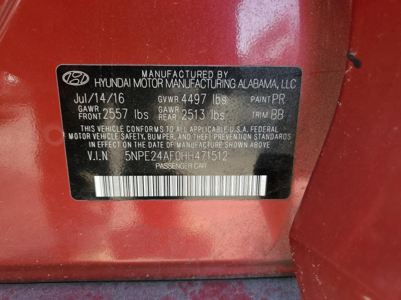2017 Hyundai Sonata VIN 5NPE24AF0HH471512 Copart auction photo, front end / rear end damage thumbnail 12