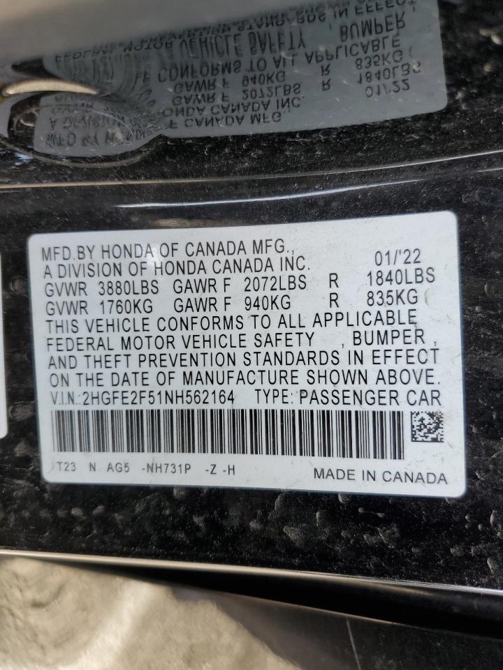 2022 Honda Civic VIN 2HGFE2F51NH562164 Copart auction photo, front end / minor dent/scratches damage thumbnail 12