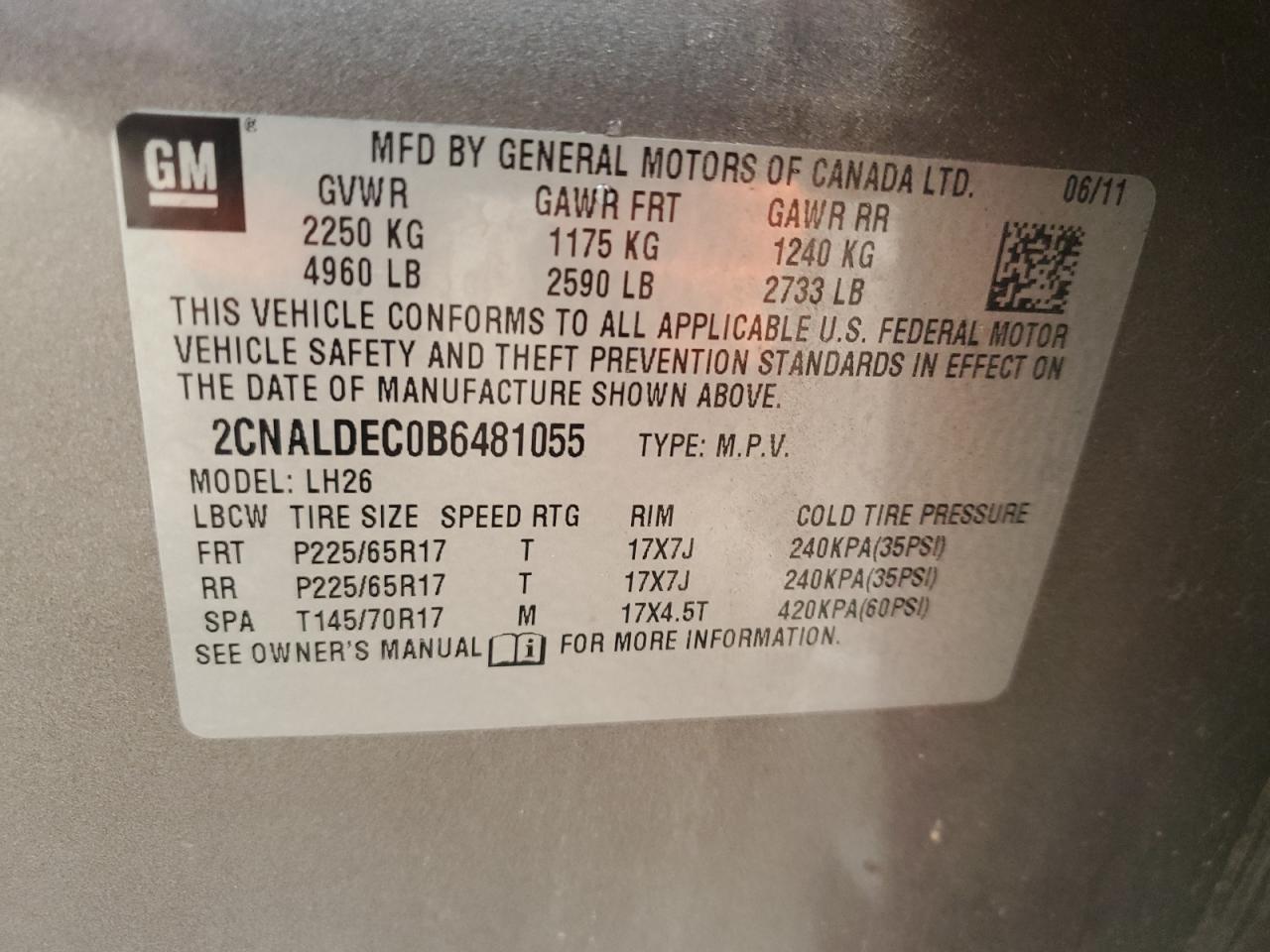 2011 Chevrolet Equinox VIN 2CNALDEC0B6481055 Copart auction photo, hail / mechanical damage thumbnail 13