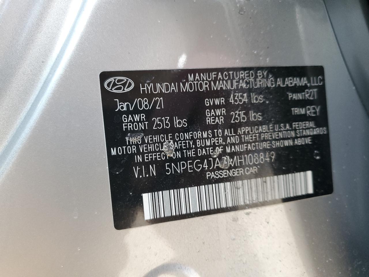 2021 Hyundai Sonata VIN 5NPEG4JA7MH108849 Copart auction photo, front end / minor dent/scratches damage thumbnail 12