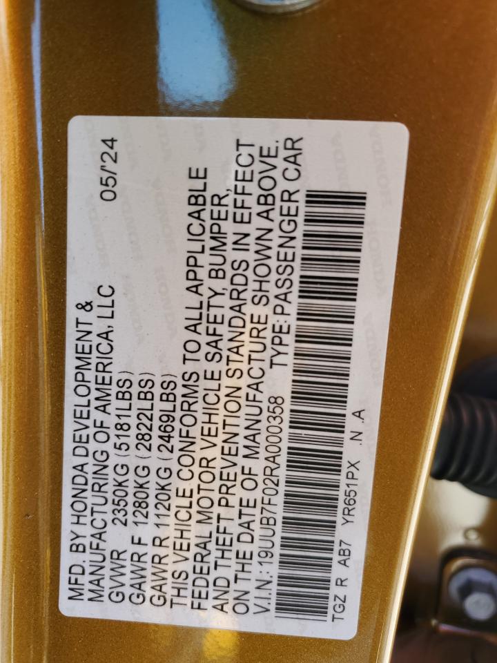 2024 Acura TLX VIN 19UUB7F02RA000358 Copart auction photo, side damage thumbnail 12