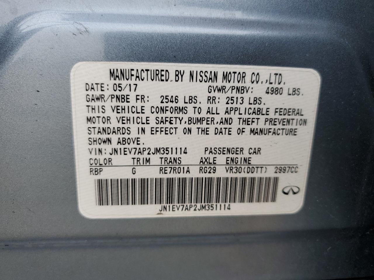 2018 Infiniti Q50 VIN JN1EV7AP2JM351114 Copart auction photo, vandalism damage thumbnail 14