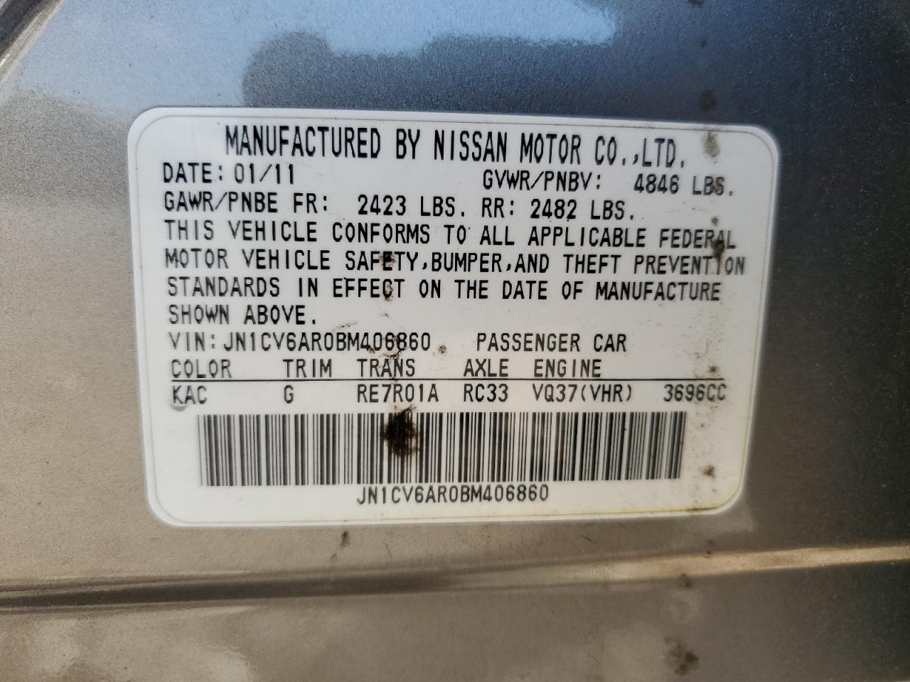 2011 Infiniti G VIN JN1CV6AR0BM406860 Copart auction photo, front end damage thumbnail 12