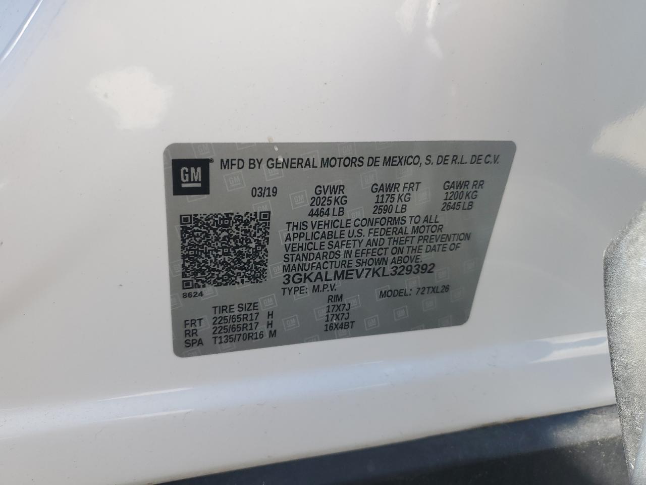 2019 GMC Terrain VIN 3GKALMEV7KL329392 Copart auction photo, front end damage thumbnail 13