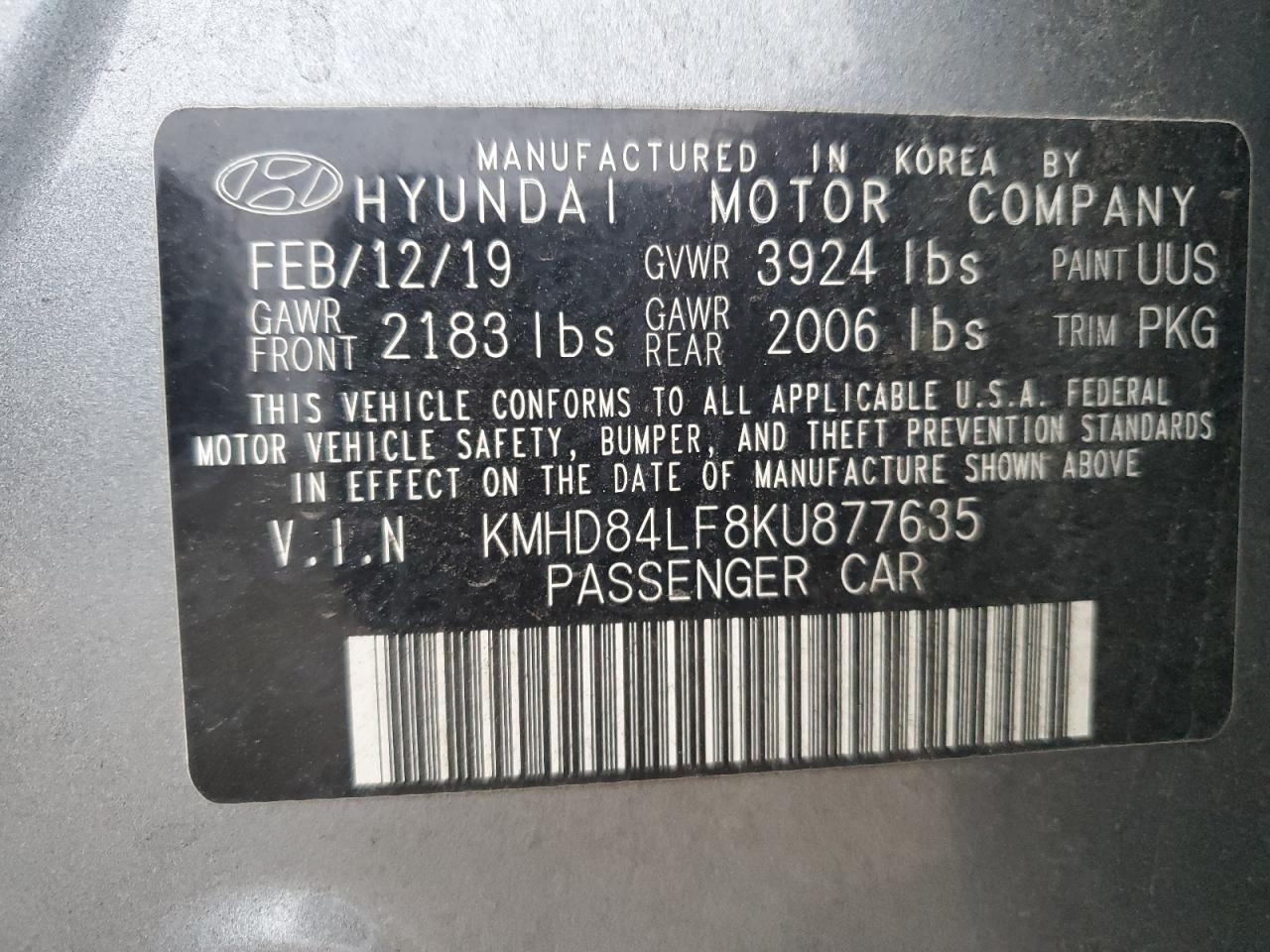 2019 Hyundai Elantra VIN KMHD84LF8KU877635 Copart auction photo, all over damage thumbnail 12