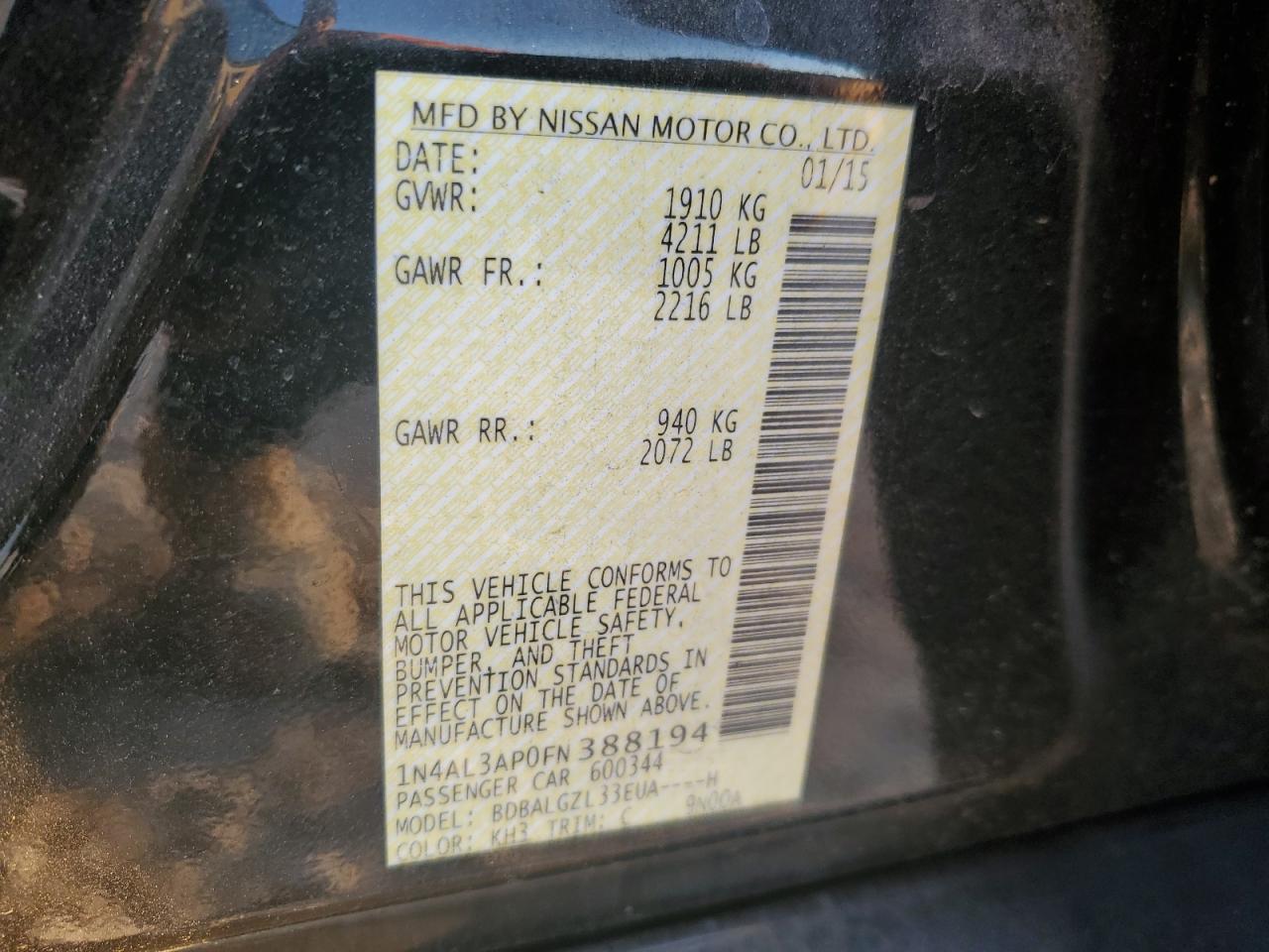 2015 Nissan Altima VIN 1N4AL3AP0FN388194 Copart auction photo, front end damage thumbnail 14