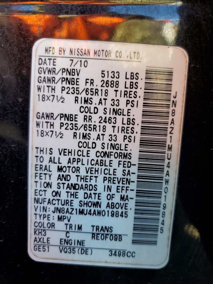 2010 Nissan Murano VIN JN8AZ1MU4AW019845 Copart auction photo, front end / side damage thumbnail 13