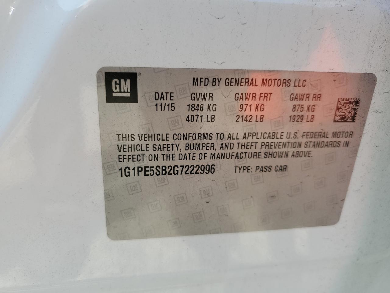 2016 Chevrolet Cruze VIN 1G1PE5SB2G7222996 Copart auction photo, all over damage thumbnail 14