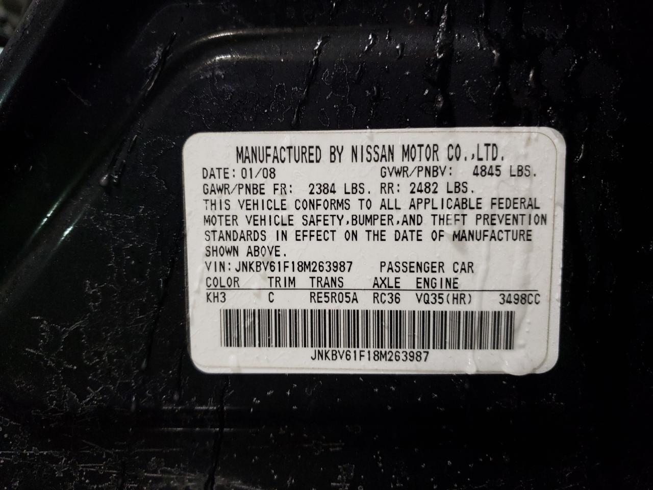 2008 Infiniti G VIN JNKBV61F18M263987 Copart auction photo, front end damage thumbnail 13