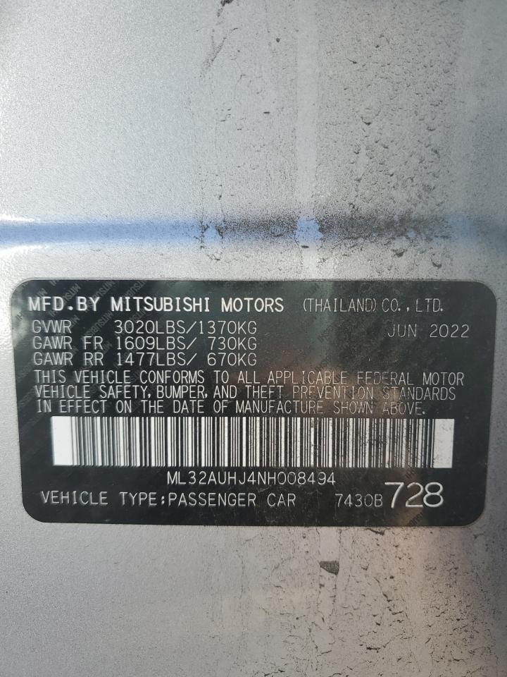 2022 Mitsubishi Mirage VIN ML32AUHJ4NH008494 Copart auction photo, front end damage thumbnail 12