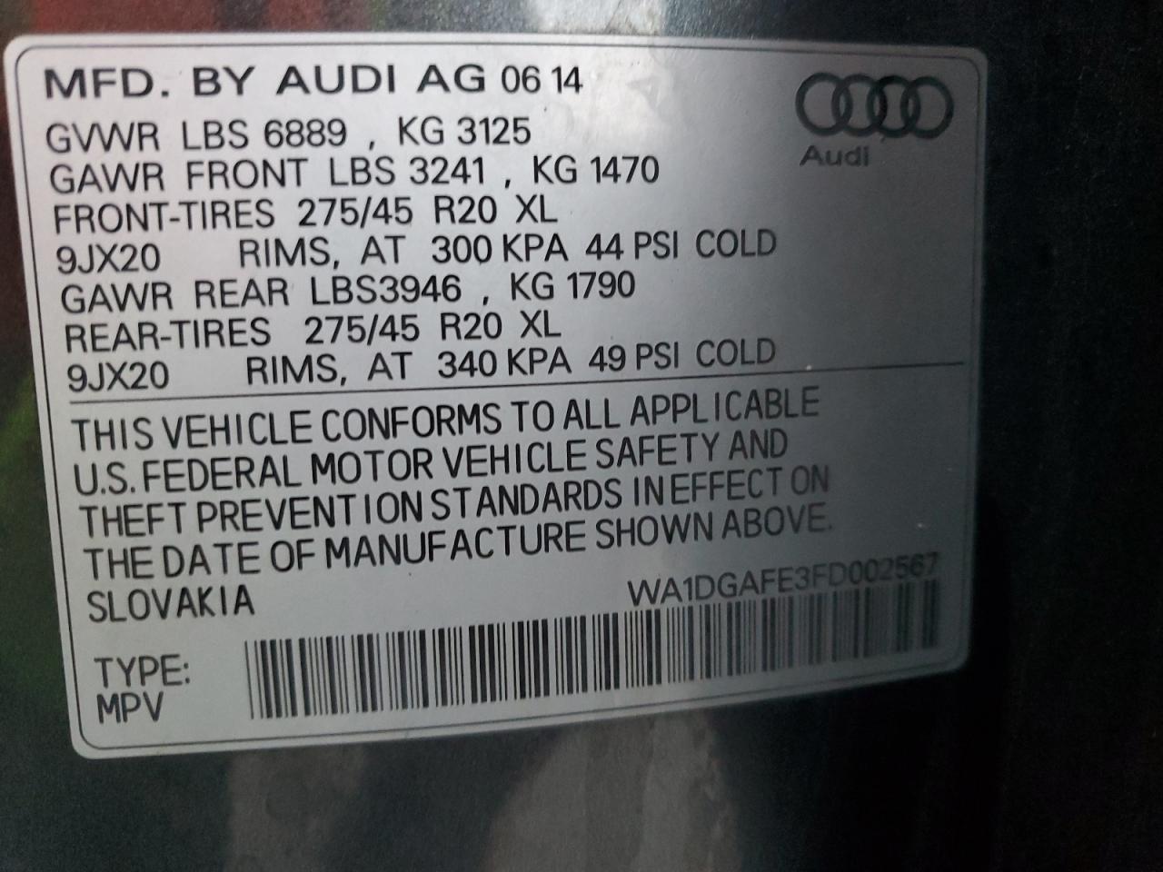 2015 Audi Q7 VIN WA1DGAFE3FD002567 Copart auction photo, all over damage thumbnail 14