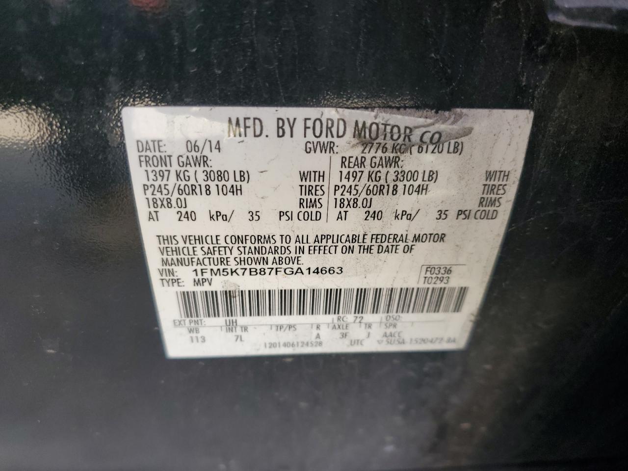 2015 Ford Explorer VIN 1FM5K7B87FGA14663 Copart auction photo, front end damage thumbnail 14