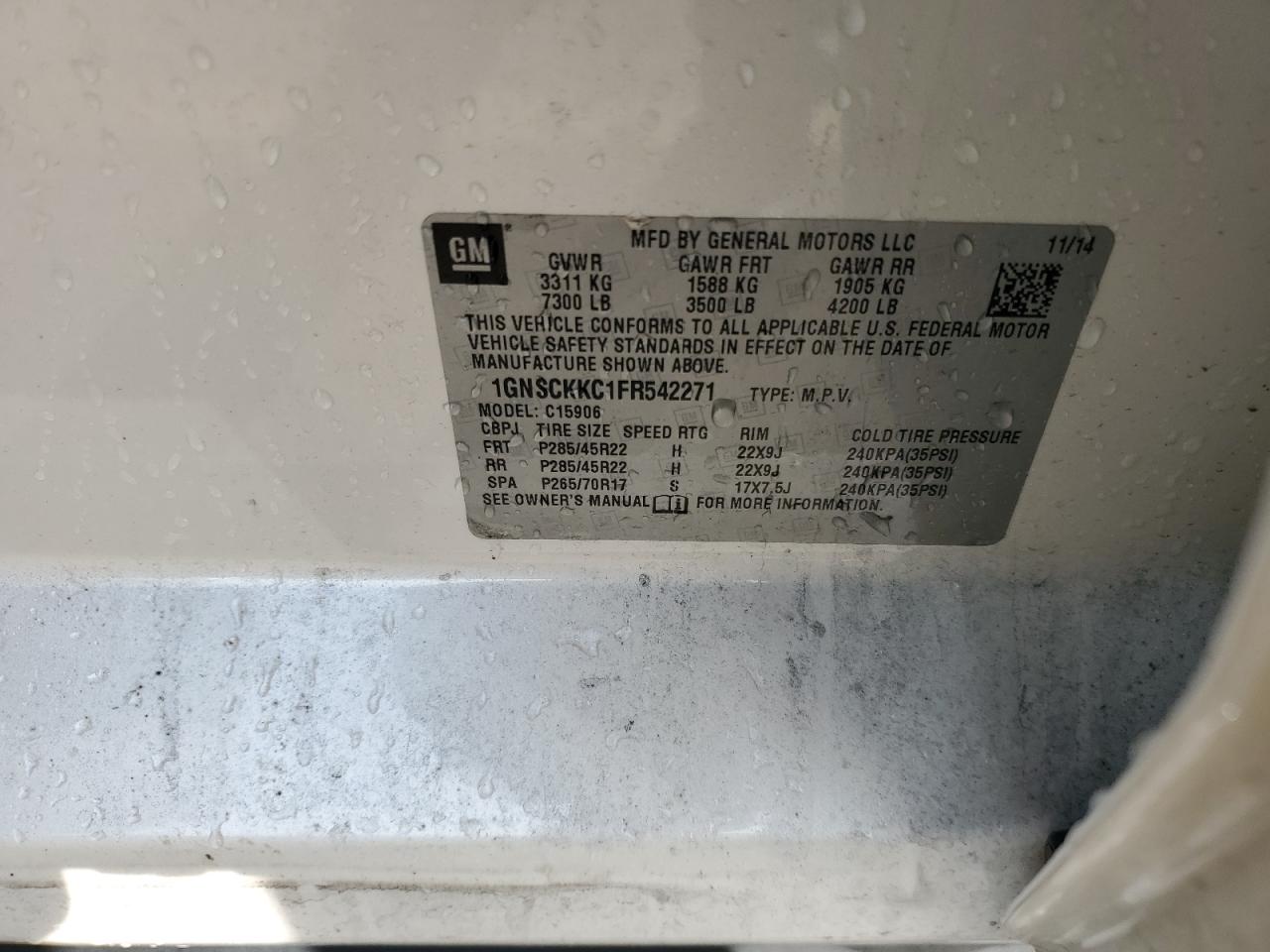 2015 Chevrolet Suburban VIN 1GNSCKKC1FR542271 Copart auction photo, front end damage thumbnail 13