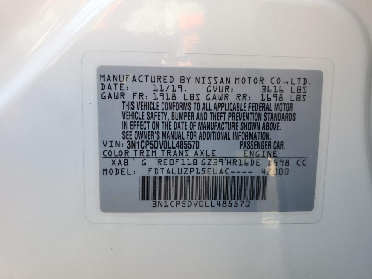 2020 Nissan Kicks VIN 3N1CP5DV0LL485570 Copart auction photo, mechanical damage thumbnail 12
