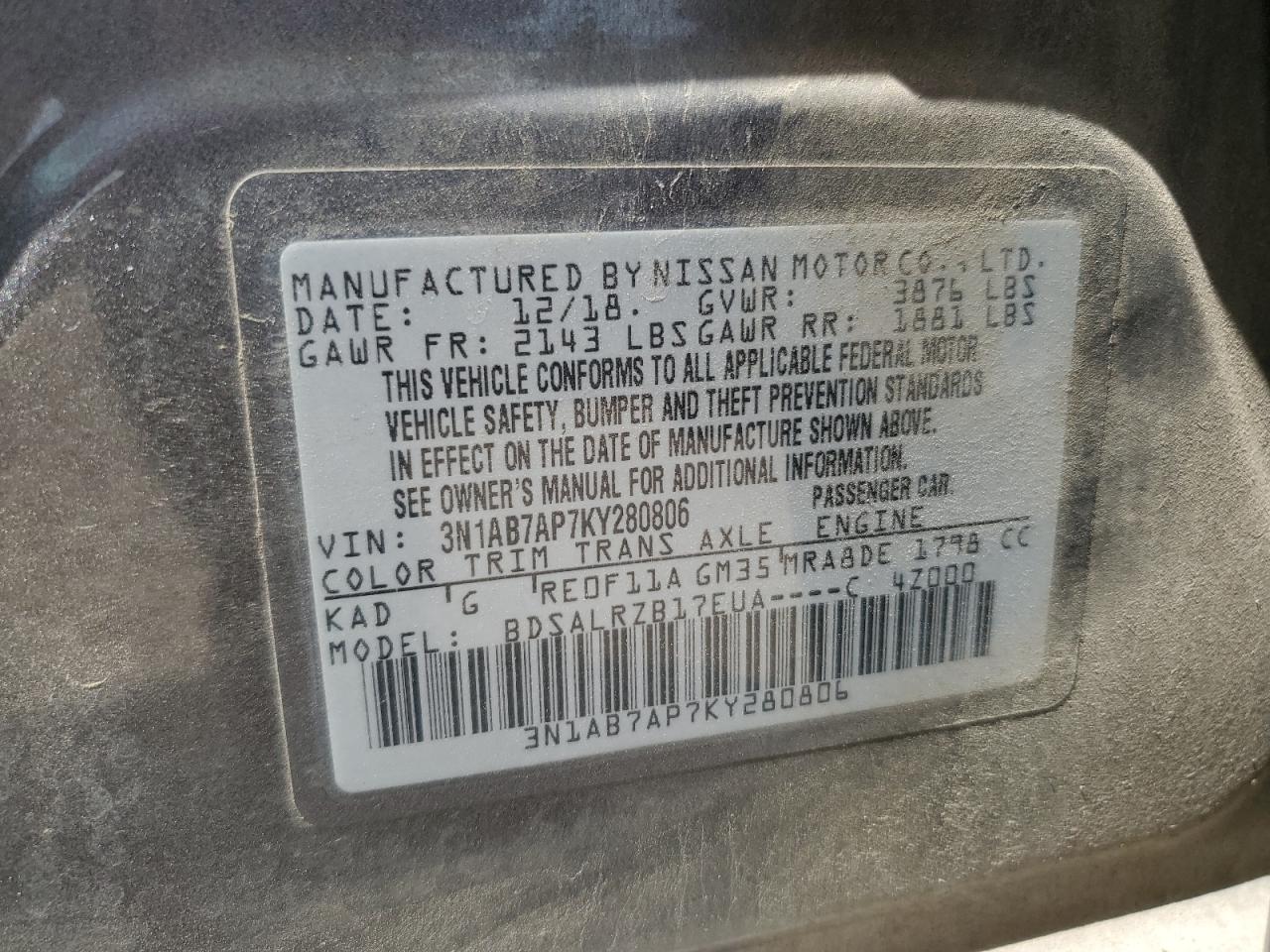 2019 Nissan Sentra VIN 3N1AB7AP7KY280806 Copart auction photo, front end damage thumbnail 12