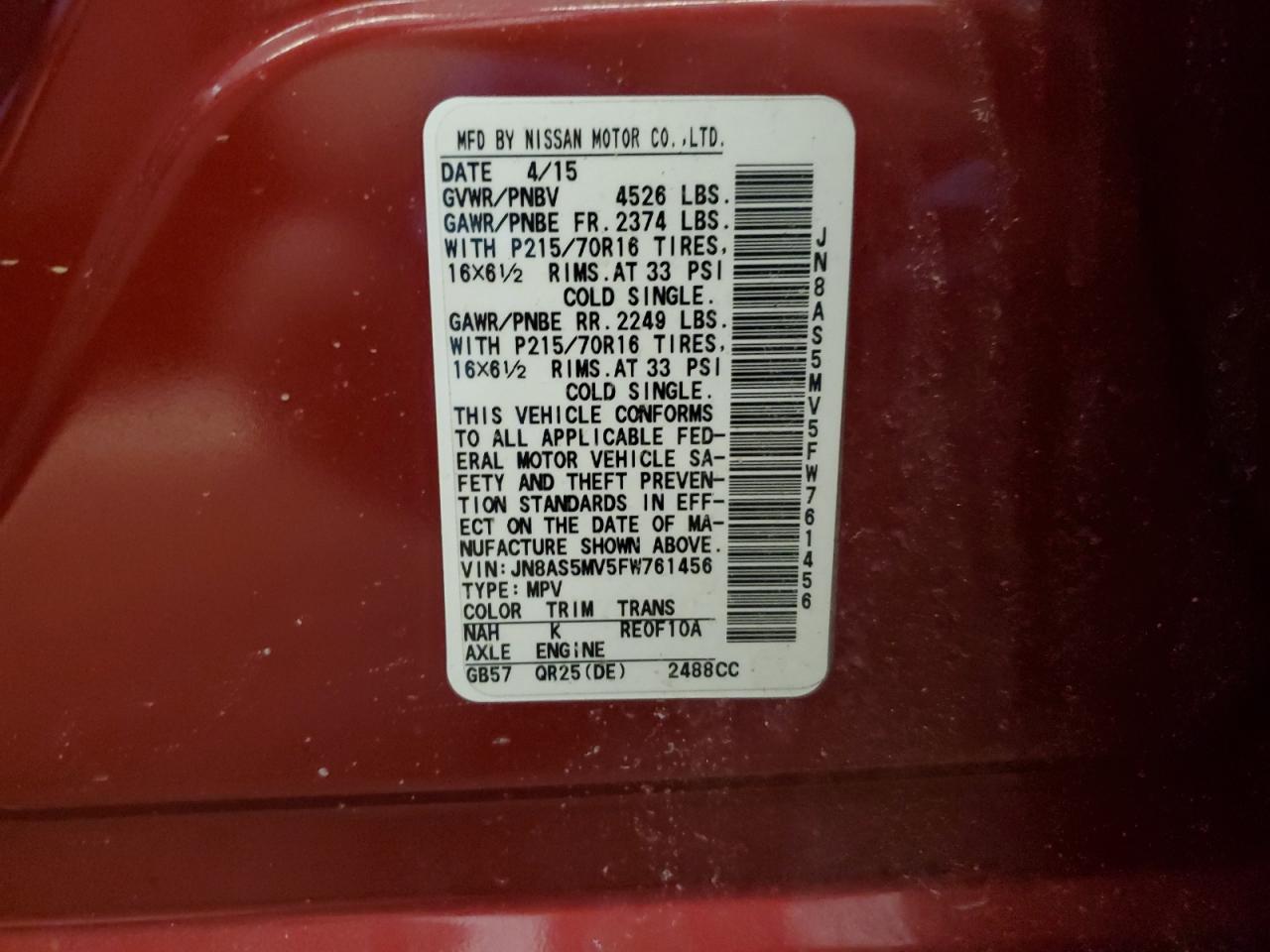 2015 Nissan Rogue VIN JN8AS5MV5FW761456 Copart auction photo, front end / minor dent/scratches damage thumbnail 16
