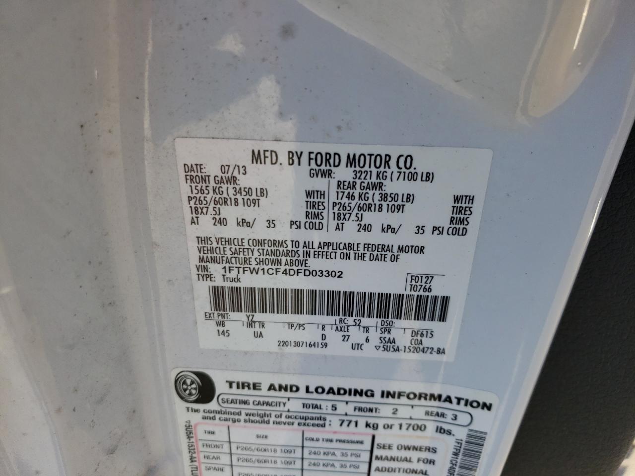 2013 Ford F-150 VIN 1FTFW1CF4DFD03302 Copart auction photo, front end damage thumbnail 14