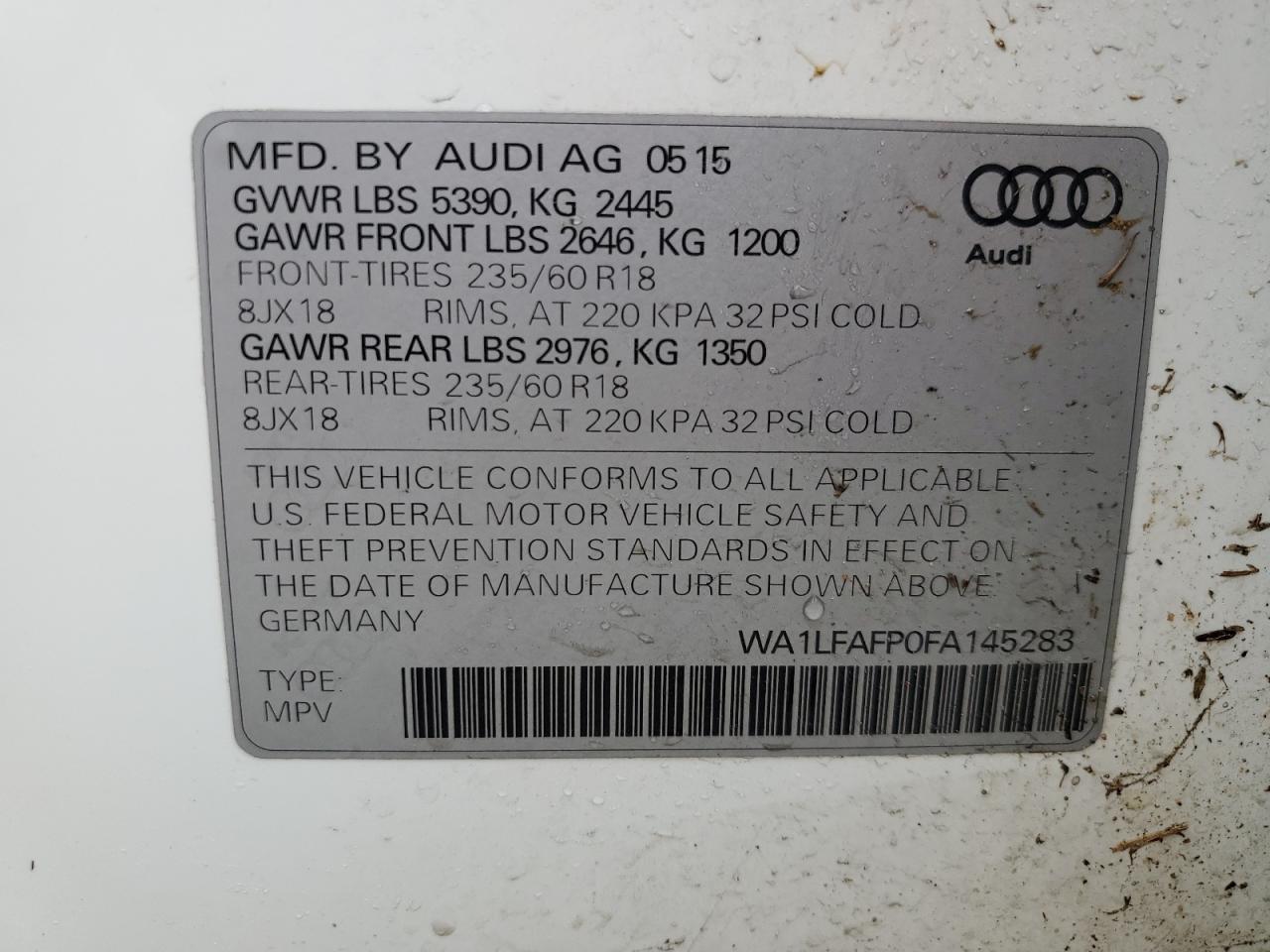 2015 Audi Q5 VIN WA1LFAFP0FA145283 Copart auction photo, all over damage thumbnail 13