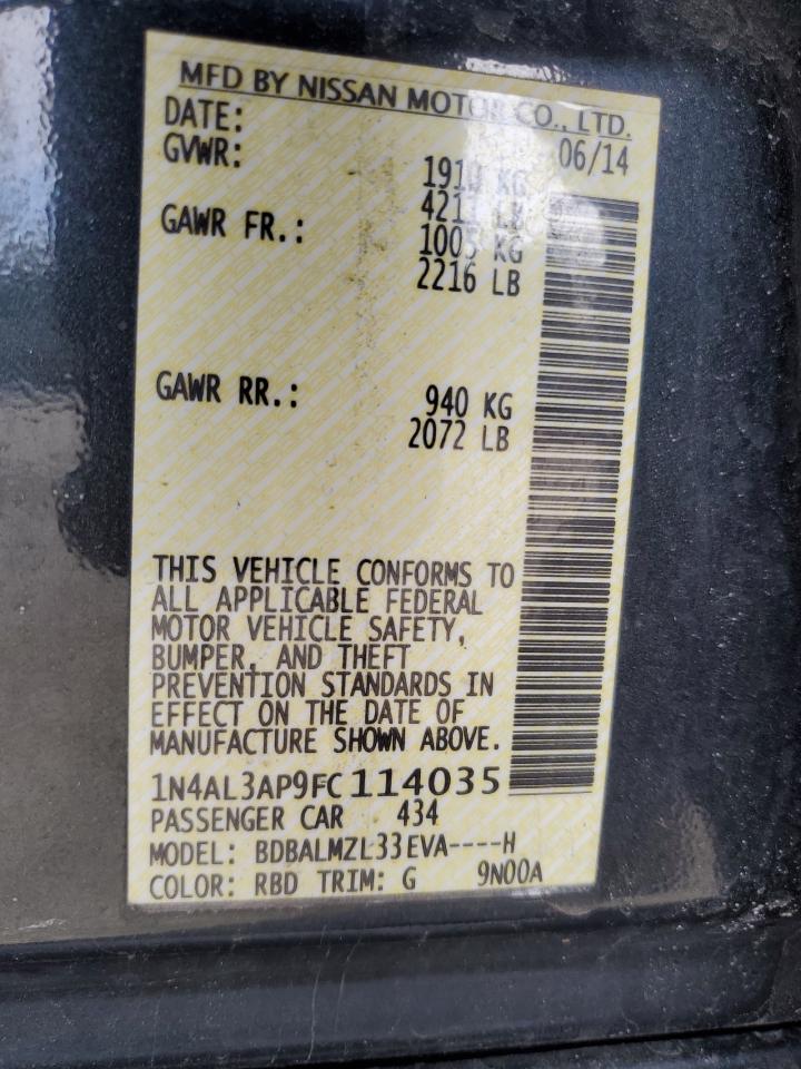 2015 Nissan Altima VIN 1N4AL3AP9FC114035 Copart auction photo, rear end / side damage thumbnail 13