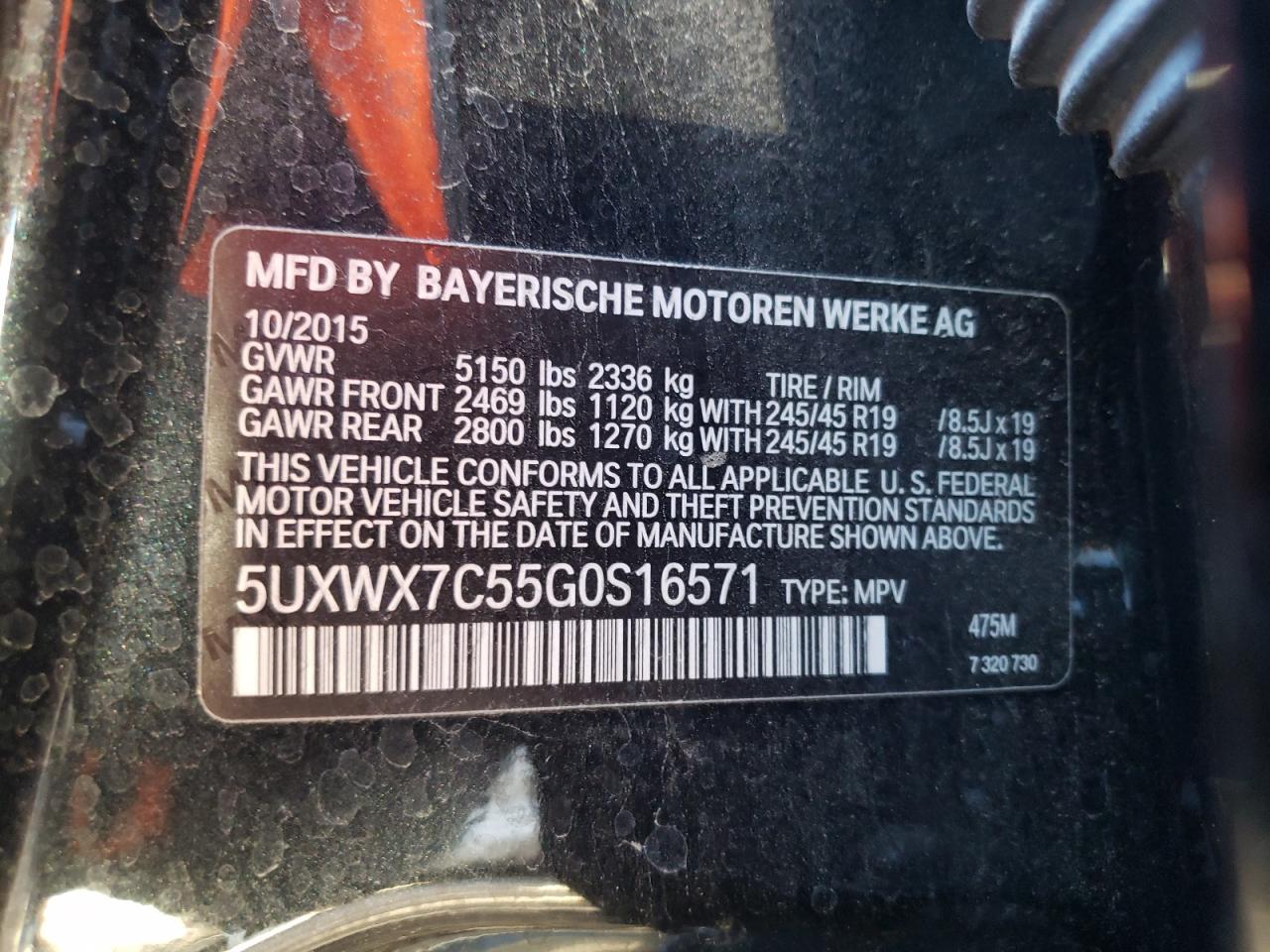 2016 BMW X3 VIN 5UXWX7C55G0S16571 Copart auction photo, side / front end damage thumbnail 12