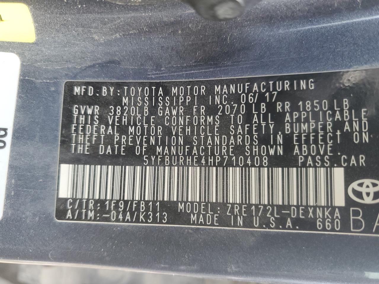 2017 Toyota Corolla VIN 5YFBURHE4HP710408 Copart auction photo, side damage thumbnail 12