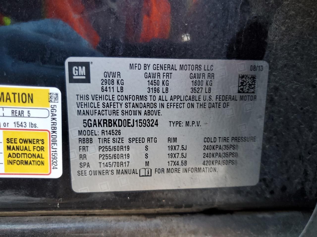 2014 Buick Enclave VIN 5GAKRBKD0EJ159324 Copart auction photo, hail / undercarriage damage thumbnail 13