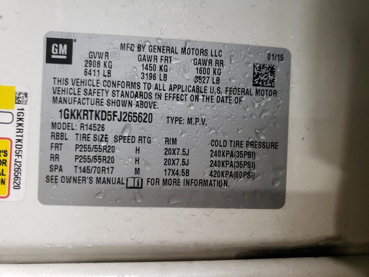 2015 GMC Acadia VIN 1GKKRTKD5FJ265620 Copart auction photo, front end damage thumbnail 13